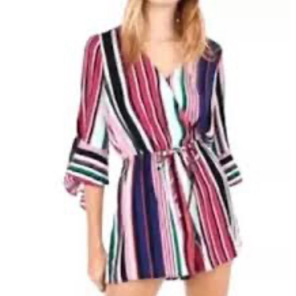 Express Women's Wrap Front Romper Multiโ Striped 3/4 Bell Sleeves Size XS Petite